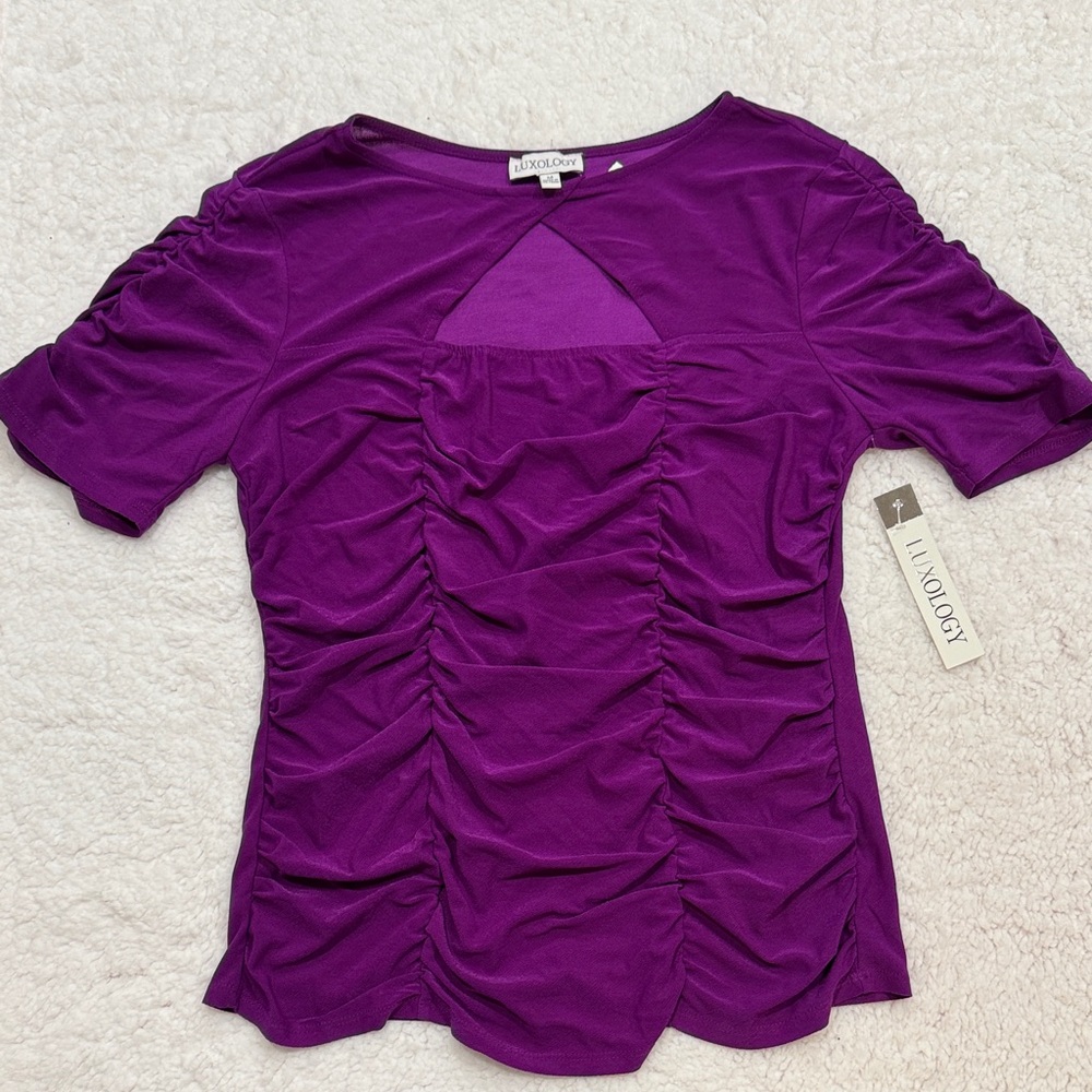 Luxology Purple Ruched Short Sleeve Top